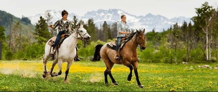 Confident plus-size woman riding Wisley a horse through a field with a smile on her face.
